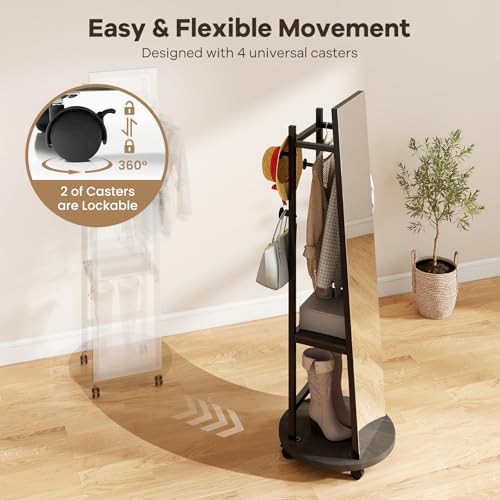 Tangkula 55" Full Length Mirror with Coat Rack, Standing Coat Tree | 2-Tier Shelves, Hanging Rods & Hooks, Explosion-Proof HD Mirror, 4-Wheel Swivel Design, For Entryway, Living Room, Bedroom - color: Black & Walnut