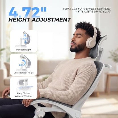 CYKOV Ergonomic Office Chair, Reclining, Footrest, Adjustable Lumbar, 350LB | 4-Way Headrest (4.72" + 60°), 2-Way Lumbar (2" + 1.18"), 90-135° Recline, Breathable Mesh, Gaming & Office, 5-Year Warranty - color: W-dgrey