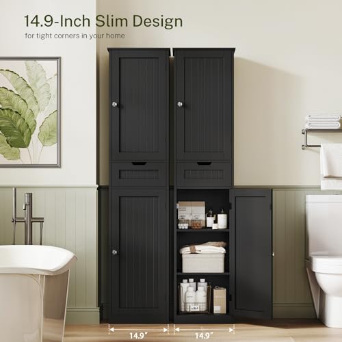 67" H Tall Storage Cabinet with 2 Doors and 1 Drawer, Narrow Black Cabinet with Adjustable Shelves, for Bathroom, Living Room, Entryway, Kitchen, Black - color: Black