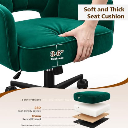 DurayLoly Desk Chair with Shell Back & 360° Swivel Wheels | Comfy Velet Vanity Chair,Adjustable Height,Stylish and Comfortable for Makeup, Work & Relaxation,Dark Green - color: Dark Green