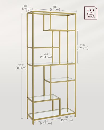 VASAGLE Bookshelf, 6-Tier Tall Bookcase, Display Shelf, Plant Stand, 11.8 x 31.5 x 70.9 Inches, Tempered Glass, for Study, Office, Living Room, Bedroom, Kitchen, Metallic Gold ULGT502A01 - color: Metallic Gold, size: 6 Tiers (31.5"W x 70.9"H)