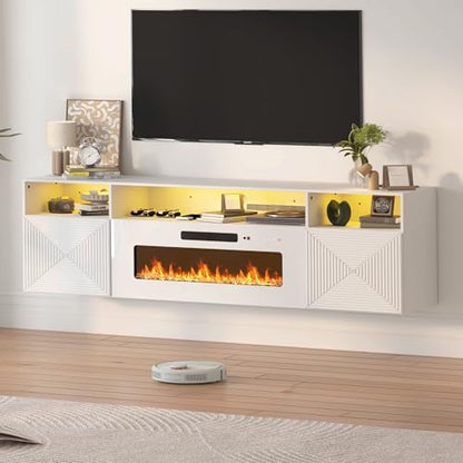 71" Floating TV Stand with 36" Electric Fireplace, Wall Mounted Fireplace Entertainment Center with LED Lights, Mid Century Modern Media Console for TVs Up to 80", White - color: White, size: With Fireplace