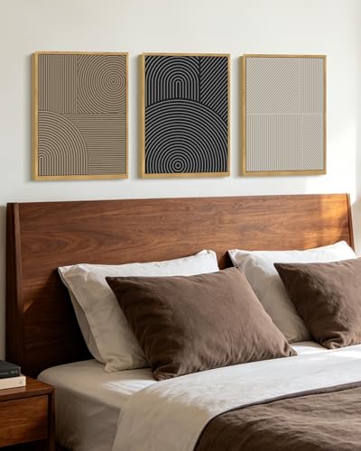 KUVIOKE Minimalist Abstract Boho Framed Wall Art Modern Mid-Century Bohemain Neutral Line Wall Decor Geometric Artwork Bedroom Decor 12x16in (Natural Framed) - color: Mid Century, size: 12 x 16in x 3 Panels Natural
