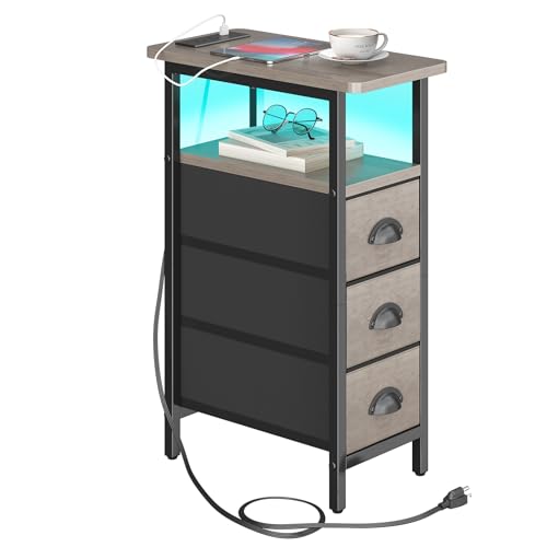 sthmec End Table with Charging Station,LED Side Tables with USB Ports and Outlets,Skinny Bedside Tables with 3 Drawers,Small Tabls Nightstands for Small Space,Slim Sofa Table for Livingroom, Grey - color: Grey, size: 7.88'' W*15.75'' D*24.3'' H, style: Po