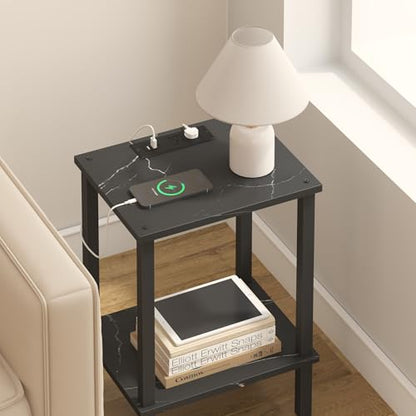 TUTOTAK End Table with Charging Station, Side Table Set of 2, Nightstand | 2-Tier Storage Shelf, Bedside Table with USB Ports, Sofa Table for Small Space, Livingroom, Bedroom Marble Black TB01BMK041 - color: Marble Black