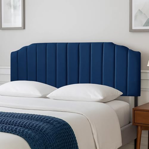 Upholstered Headboard Adjustable Height Queen/King Headboard Cream Velvet Tufted Modern Vertical Channel Design with Stepped Silhouette Top Edge(Blue King) - color: Blue, size: King
