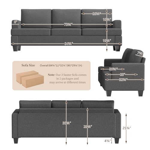 Furnimart 85 inch Grey 3 Seater Couches, Modern Cozy Deep Seat Sofa, Comfy Fluffy Couch for Living Room, Small Couches for Small Space, with Removable Sofa Cover, Dark Grey - color: Dark Grey, size: 3 Seater Sofa 85"