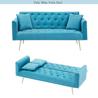 Anwick 72''Modern Velvet Sofa Bed Futon,Convertible Folding Sleeper Couches with 3 Adjustable Backrests,Tufted Recliner Loveseat with Golden Chrome Legs for Living Room Apartment Office (Pale Blue) - color: Pale Blue