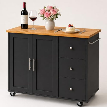 JY QAQA 40" Kitchen Island Cart Furniture cart on Wheels Rolling Portable Dining Room Serving Utility Carts Mobile Movable with Drawers Cabinet,Black - color: Black, size: 40-IN