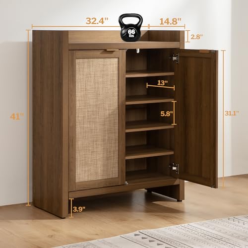 SICOTAS Shoe Cabinet, 24 Pair Shoe Storage Organizer Cabinet, Rattan Doors | 41" Tall Rattan Shoe Cabinet with Doors and Shelves, 6-Tier Farmhouse Boho Wooden Storage Cabinet for Entryway Hallway Closet - color: Reclaimed Caramel Oak, size: 1 Piece