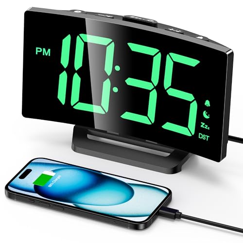Digital Alarm Clock for Bedrooms, Digital Clock for Kids | Night Mode, 5 Levels Brightness+Off, 2 Volume, 3 Alarm Tones, Snooze, USB Charging Port, Power-Off Memory, 12/24H/DST - color: Green