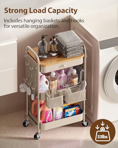 ALVOROG 3 Tier Metal Rolling Cart with Drawer,Wood Top,Pegboards,Khaki | Storage Utility Cart with Drawers,Pegboards,Lockable Wheels,Baskets,Hooks for Kitchen,Office,Bedroom,DIY Supplies - color: Beige