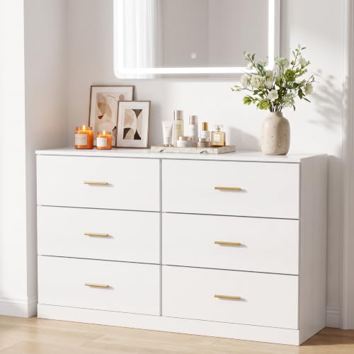 Modern White 6 Drawer Dresser with Gold Handles, 47" Chest of Drawers for Bedroom, Kids Room & Nursery, Wooden Storage Dresser for Girls Bedroom-1pc