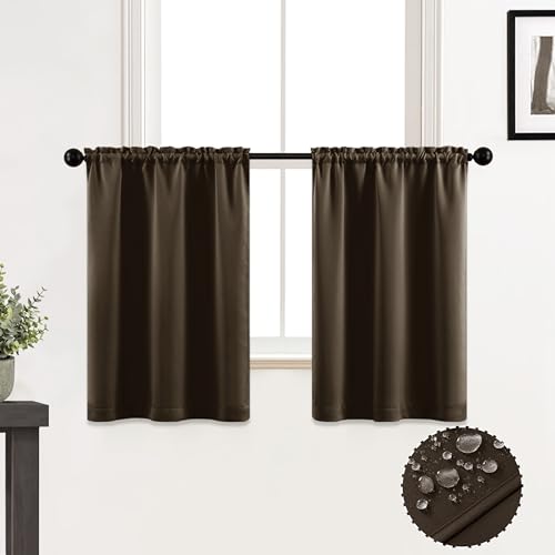 Coffee Brown Curtains for Kitchen Window,Small Blackout Waterproof Western 2 Panels Rod Pocket Cafe Tier Front Back Door Window Covering Shades for Bathroom Bedroom,24 Inches Long,Dark Chocolate - color: Chocolate Brown, size: 30"W x 24"L (Pack of 2)