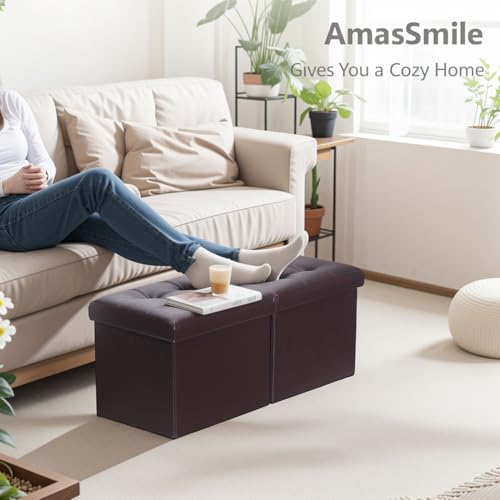 AmasSmile Footrest Ottoman Storage Bench,34" Leather Folding Chest,Brown | Large Ottoman with Storage,Thicker Foam Padded Seat,Livingroom,Dorm,Bedroom,Entryway,Easy to install,34 x 13 x 13in - color: Brown-leather