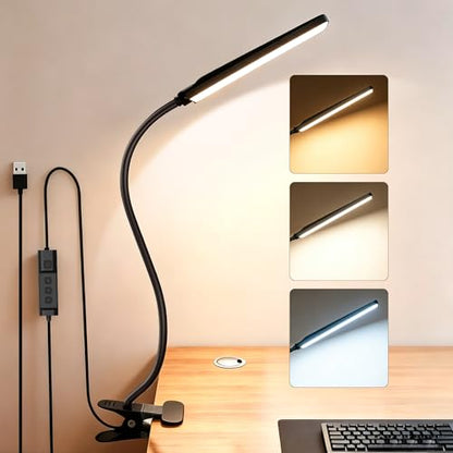 Clip on Desk Lamp, Flexible Reading Light | 5W LED Book Light, 3 Color & 6 Brightness Levels, USB Powered Adjustable Neck Lamp for Desk, Bedside, Study, Office - color: Dark Black