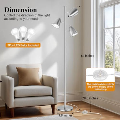 QiMH Tree Floor Lamp with 3 Light Bulbs, Standing Tall Pole Lamps for Living Room Bedroom Office, Reading Stand up Lamps with 3 Adjustable Arms,Brushed Nickel - color: Brushed Silver