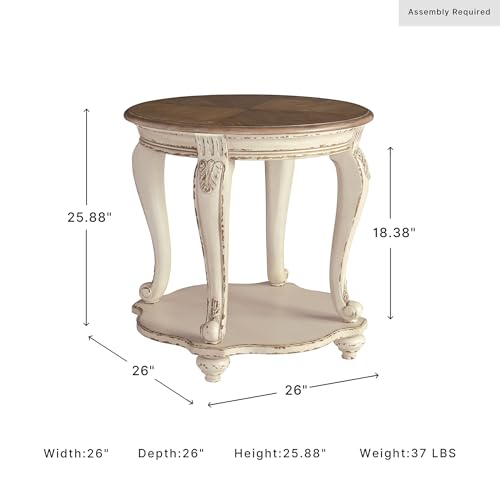Signature Design by Ashley Realyn Round End Table, French Country, White | Ash veneer & engineered wood, Cast resin corbels, Fixed lower shelf, French country side table, White end table