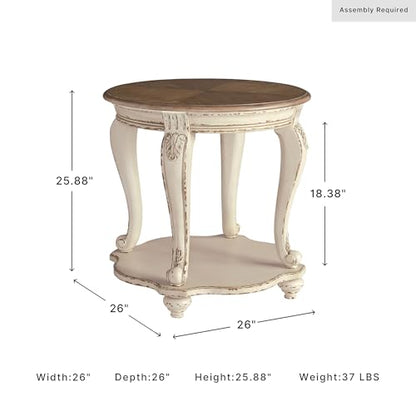 Signature Design by Ashley Realyn Round End Table, French Country, White | Ash veneer & engineered wood, Cast resin corbels, Fixed lower shelf, French country side table, White end table