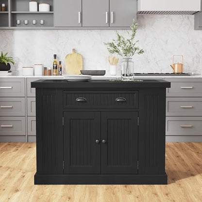 Homestyles Nantucket Distressed Black Kitchen Island with Black Granite and Wood Drop Leaf Breakfast Bar, 48"W