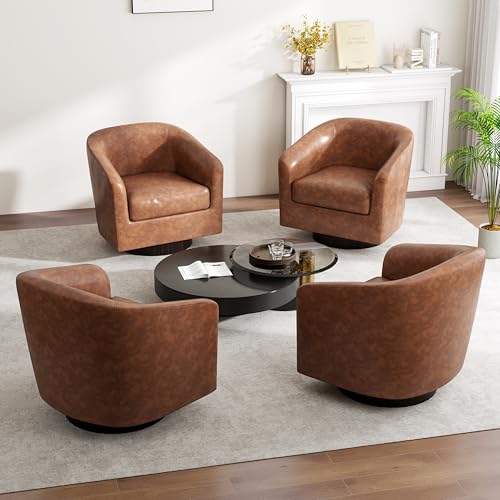 Swivel Barrel Accent Chair, Comfy Reading Armchair, Coffee, Set of 2 | Club Chairs for Adults, Low-Back Design, Modern Round Style, Solid Wood Frame & Metal Swivel Base, For Living Room & Bedroom - color: Coffee