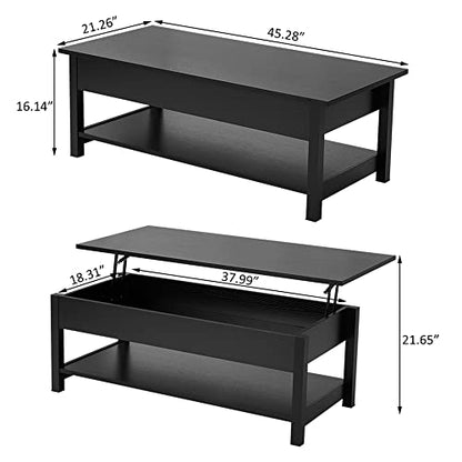Panana Lift Top Coffee Table with Hidden Compartment and Open Shelf, Lift Tabletop Pop-Up Tea Table for Living Room, 45.28" L, Black - color: Black