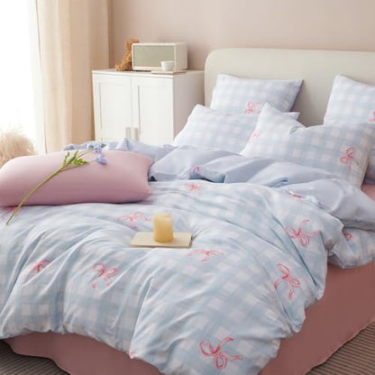 Bow Duvet Cover King Size Blue Plaid Pink Bows Reversible Bedding Set 3 Piece Soft Lightweight Microfiber Kids Bedding Set with Zipper Closure and 2 Pillowcases - color: Blue Plaid Pink Bowknot, size: King(No Comforter)