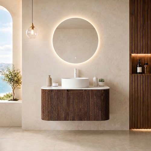 30” Floating Bathroom Vanity with Sink, Fluted Wall-Mounted Solid Wood Cabinet, White Ceramic Round Basin, Faux Marble Top, Soft-Close Drawer, Pre-Assembled, Walnut Woodgrain - color: 04 - Walnut Woodgrain, size: 30"