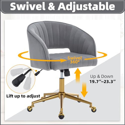 Desk Chair with Wheels, Gold Base, Velvet Accent Vanity Armchair, Grey | Spacious‌ Soft Seat, Swivel Height Adjustable, Rocking Function, Modern Stripe for Girls &Women Bedroom Makeup or Nail - color: Grey Velvet