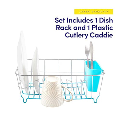 Dish Drying Rack & Cutlery Holder 2 Piece Set - Compact Sink-Fitting Dish Drainer with Rubberized Undercoating, Space-Saving Kitchen Organizer for Plates, Cups, Bowls & Utensils in Sink, Turquoise - color: Turquoise