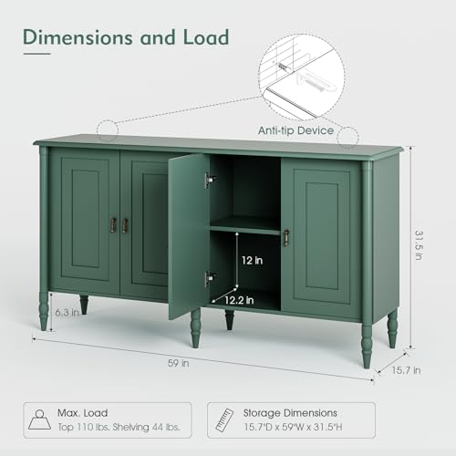 Jiansu furni Buffet Cabinet with Storage, 59" Vintage Sideboard,Credenza Coffee Bar for Kitchen, Dining Room, Entryway, Living Room, Green - color: Green_4 Doors