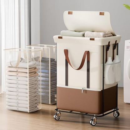 Double Laundry Hamper with Lid, Rolling Laundry Basket with Wheels and 2 Removable 75L Bags, 2 Section Large Capacity for Laundry Bedroom Bathroom Dorm, Easy Move & Organize,150L White - color: White