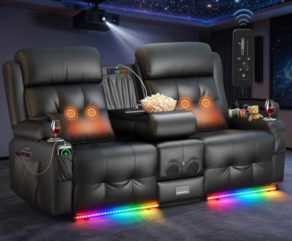 Home Theater Seating, Power Loveseat Recliner Sofa with Massage & Heat | Wall Hugger Reclining Loveseat with USB, RV Couch with LED Lights, Flip Backrest, Cup Holders for Movie Theater, Gaming Room - color: Black, size: 72" - 2 Seats