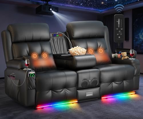 Home Theater Seating, Power Loveseat Recliner Sofa with Massage & Heat | Wall Hugger Reclining Loveseat with USB, RV Couch with LED Lights, Flip Backrest, Cup Holders for Movie Theater, Gaming Room - color: Black, size: 72" - 2 Seats
