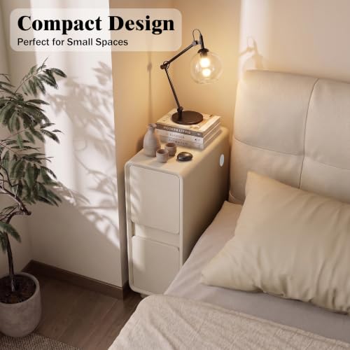 Modern Leather Nightstands of 2, Solid Wood Bedside Table with 2 Drawers & USB Charging Station, Small Preassembled End Table, Narrow Nightstand for Bedroom Living Room Office White - color: White, size: 8"