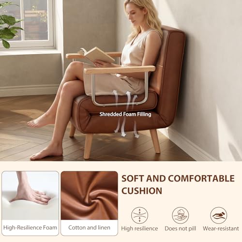 SUIYIMU Folding Chair Bed, 3-in-1 Convertible Sleeper Chair Bed (Natural Wood-Faux Leather) - color: Natural Wood-tone Leather