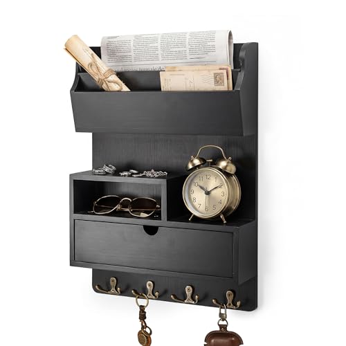 Rebee Vision Key Holder Wall Mount with Drawer for Home Decor, Black | Pine Wood Mail and Key Organizer, 4 Key Hooks, Sorts Letters and Small items, Mail organizer Adds Modern Apartment Charm - color: Black