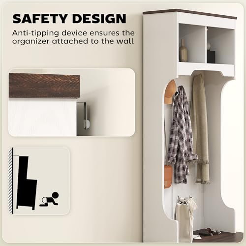 HOMCOM 3-in-1 Hall Tree with Shoe Storage, Shoe Bench, White Wood Grain | Standing Coat Rack, Entryway Furniture, Three Hooks - color: White Wood Grain