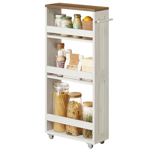 VASAGLE 4-Tier Slide-Out Storage Cart, Slim Kitchen Cart for Small Spaces, with Wheels, Handle, Bathroom, Laundry Room, 5.9 x 17 x 34.1 Inches, Rustic White and Honey Brown ULRC050K01 - color: Rustic White + Honey Brown, size: 5.9"D