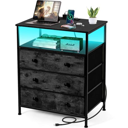 3-Drawer LED Nightstand with Charging Station, Black. | Engineered Wood and Steel, 2 AC and 2 USB ports, 24 Inch Wide, RGB App Control, Fabric Drawers, Open Storage Shelf - color: Black