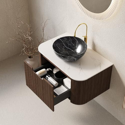 30” Floating Bathroom Vanity with Sink, Fluted Wall-Mounted Solid Wood Cabinet, Black Marble-Patterned Bowl Basin, Faux Marble Top, Soft-Close Drawer, Pre-Assembled, Walnut Woodgrain - color: 05 - Walnut Woodgrain, size: 30"