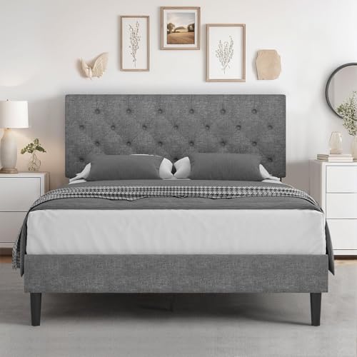 HOMBCK Full Bed Frame with Headboard, Linen Fabric Upholstered Bed Frame Full, Grey Bed Frame with Wood Slats, Button Tufted, No Box Spring Needed, Light Grey - color: Light Grey, size: Full