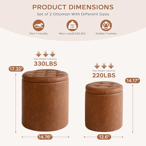 Round Ottoman with Storage Set of 2, 12.6"W x 14.17"H & 14.76"W x 17.32"H Faux Leather Button Tufted Storage Ottoman, Boucle Vanity Stool Footrest Coffee Table for Living Room, Bedroom, Brown - color: Brown