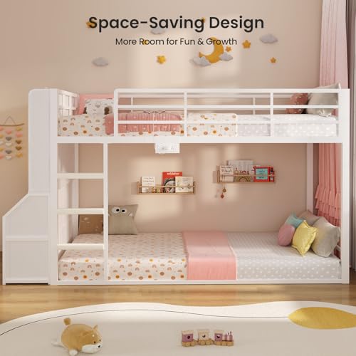 ADORNEVE Low Bunk Bed Twin Over Twin with Bookshelf, Drawers, White | Metal Floor Bunk Bed with RGB Lights, Charging Station, Toy Organizer, Safety Guardrail & Ladder, Small Space - color: White