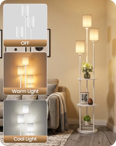 Floor Lamp with Shelves, Modern Floor Lamp with 3 Linen Shades and Foot Switch, 3-Light Standing Lamp, for Living Room, Bedroom, Study, Office, White W53LD05 - color: White