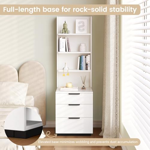 Tall Nightstand with Drawers & Open Shelves, 51.18" Bedside Storage Cabinet, Modern Free-Standing Bedroom End Table with Bookcase, Space-Saving, Easy Assembly, White
