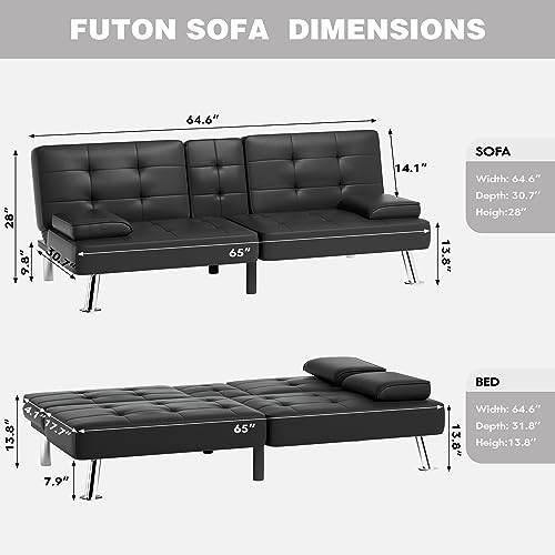 JUMMICO Faux Leather Futon Sofa Bed, Sleeper Sofa with Adjustable Backrest | Futon Couch with Removable Armrests & 2 Cup Holders, Loveseat Futon Set for Living Room, Apartment and Office | Black