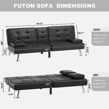 JUMMICO Faux Leather Futon Sofa Bed, Sleeper Sofa with Adjustable Backrest | Futon Couch with Removable Armrests & 2 Cup Holders, Loveseat Futon Set for Living Room, Apartment and Office | Black