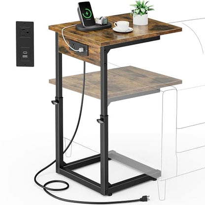 C Shaped End Table with Charging Station, 33"Tall Side Table for Couch, C-Table End Table Adjustable Height Side Table,Slide Under Couch Table TV Tray Table for Sofa,Living Room,Bedroom,Brown - color: Rustic Brown, style: Charging Station