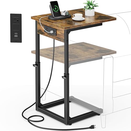 C Shaped End Table with Charging Station, 33"Tall Side Table for Couch, C-Table End Table Adjustable Height Side Table,Slide Under Couch Table TV Tray Table for Sofa,Living Room,Bedroom,Brown - color: Rustic Brown, style: Charging Station